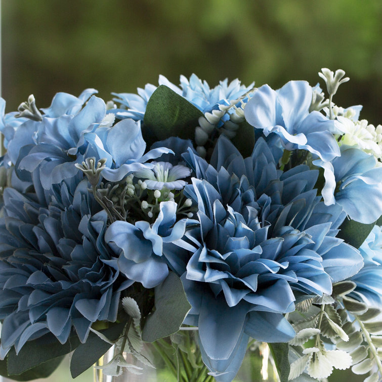 Artificial Dahlia Mixed Floral Arrangement in Clear Glass Vase Primrue Flower Color: Blue