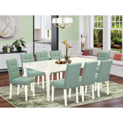 Ensemble de table à manger 9 pièces Mid Century Modern comprenant une table en bois et 8 chaises rembourrées en tissu de polyester vert saule, blanc lin