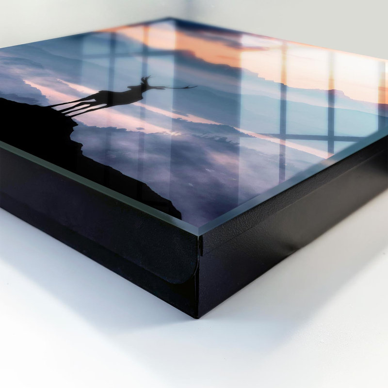 Key storage box, Opens to the left, 30x30x5, Black, The strong silhouette of a deer against the backdrop of mountains at dawn, 