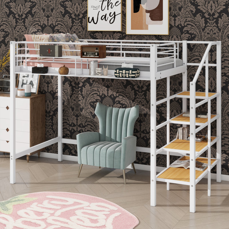 Lit mezzanine simple en métal, avec grille de rangement supérieure et échelle avec compartiments latéraux, White