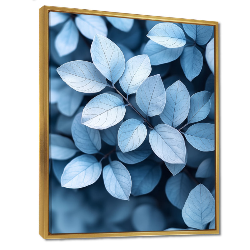 Minimalisme bleu fumé feuilles II - feuilles, art mural, H 40 po x l 30 po, Impression encadrée sans passe-partout, Doré