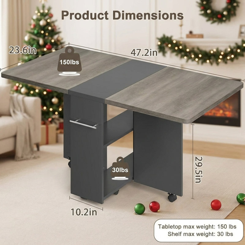 Table de salle à manger pliante, à abattants avec 6 roulettes et 2 tablettes de rangement, table de cuisine compacte pour petits espaces (P 47,2 po x l 23,6 po x H 29,5 po)