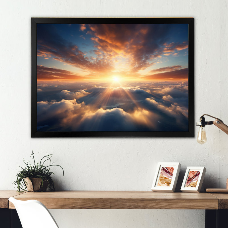 Lever de soleil jaune et bleu sur les rayons de l'espoir I, H 34 po x l 44 po x P 1,5 po, Cadre photo noir