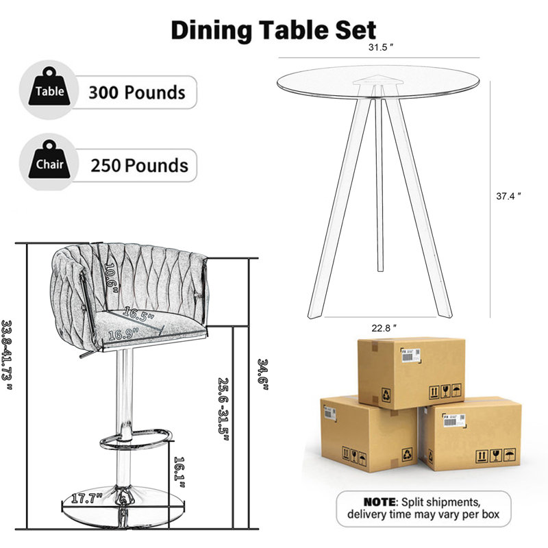 3 Piece Bar Height Set-Tempered Glass Round Table and 360°Fabric Pedestal Bar Stool (Set of 3), Blue