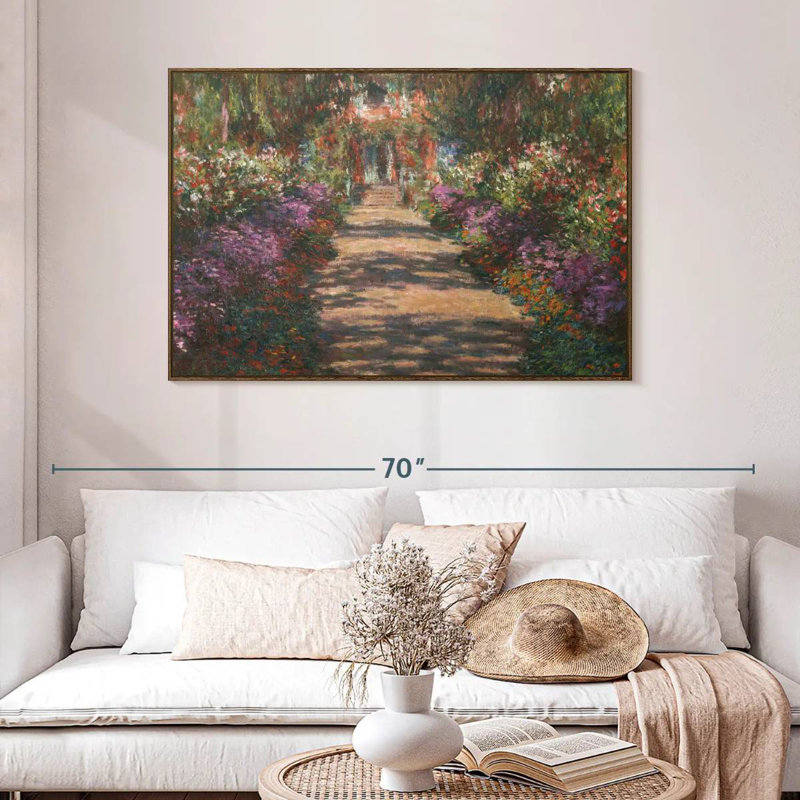Un sentier dans le jardin de Monet à Giverny, 46 po x 31 po, Cadre flottant en noyer