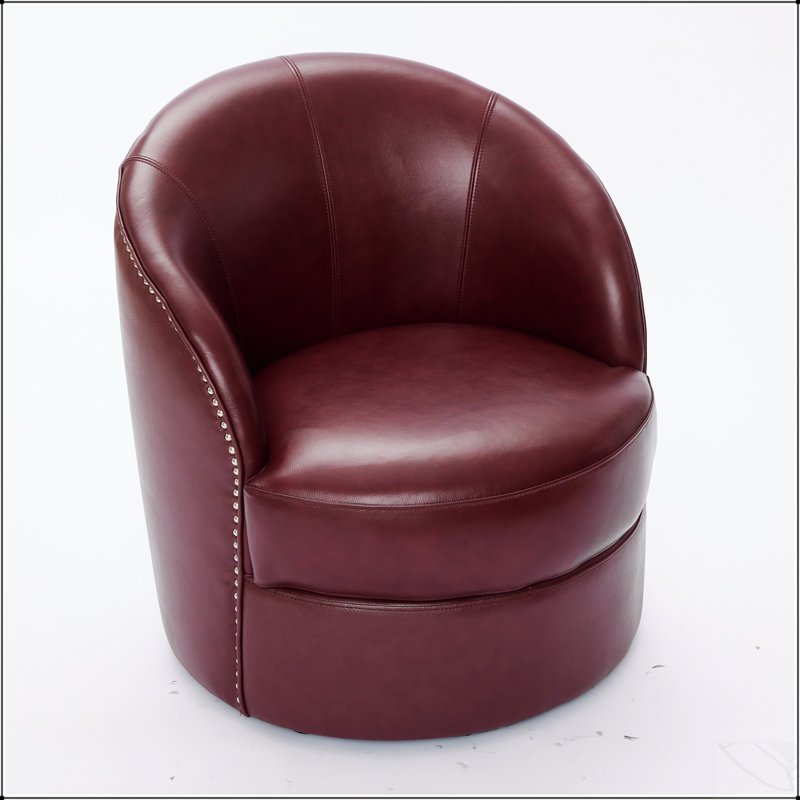Top-Grain Leather Swivel Accent Chair With 360° Smooth Spin, Mid-Century Modern Design For Living Room And Office, Black/Red