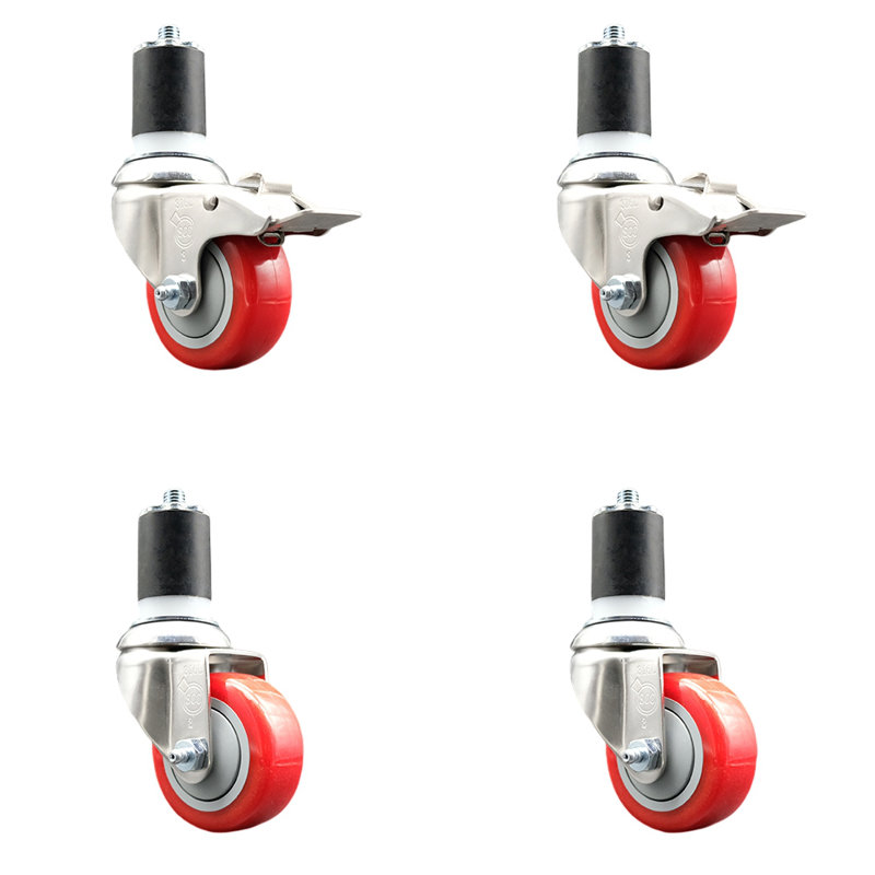 Ensemble de roulettes à tige pivotante 3,5 pouces en polyuréthane rouge de 3,5 pouces à 1-7 / 8 pouces