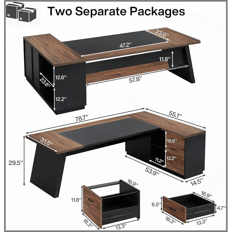 Bureau de direction en L 78,7 pouces avec rangement, poste de travail de bureau à domicile moderne, noyer foncé et finition noire