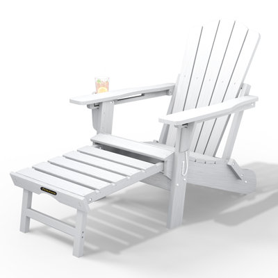 Pakkdiarie Folding Adirondack Chair with Retractable Ottoman, Outdoor HDPE Reclining Adirondack Chair with Cup Holder for Patios,Lawn,Backyard