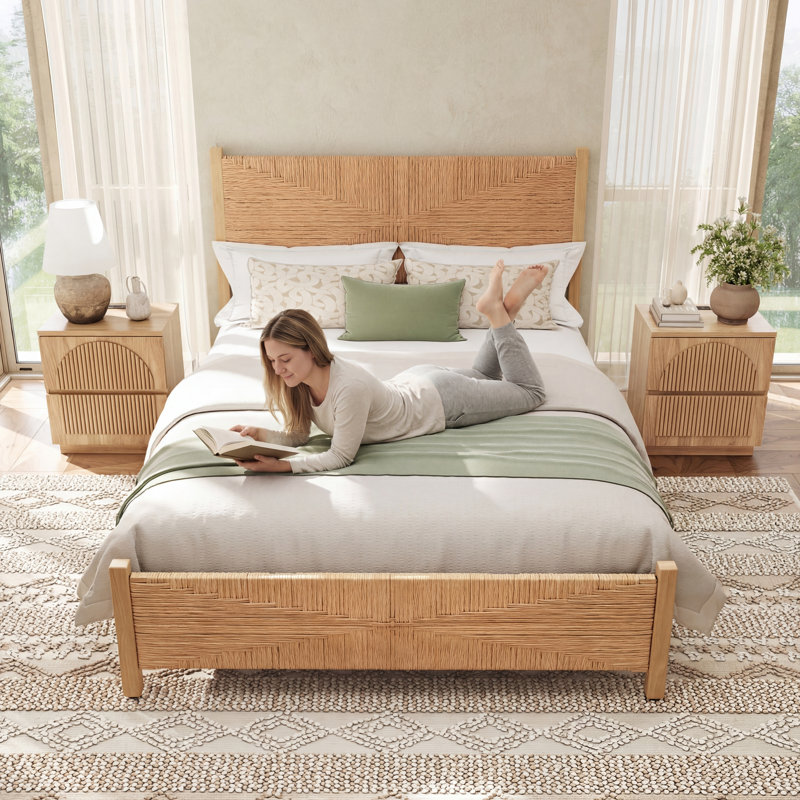 Boho Solid Wood Hand-woven PE Rattan Bed, King