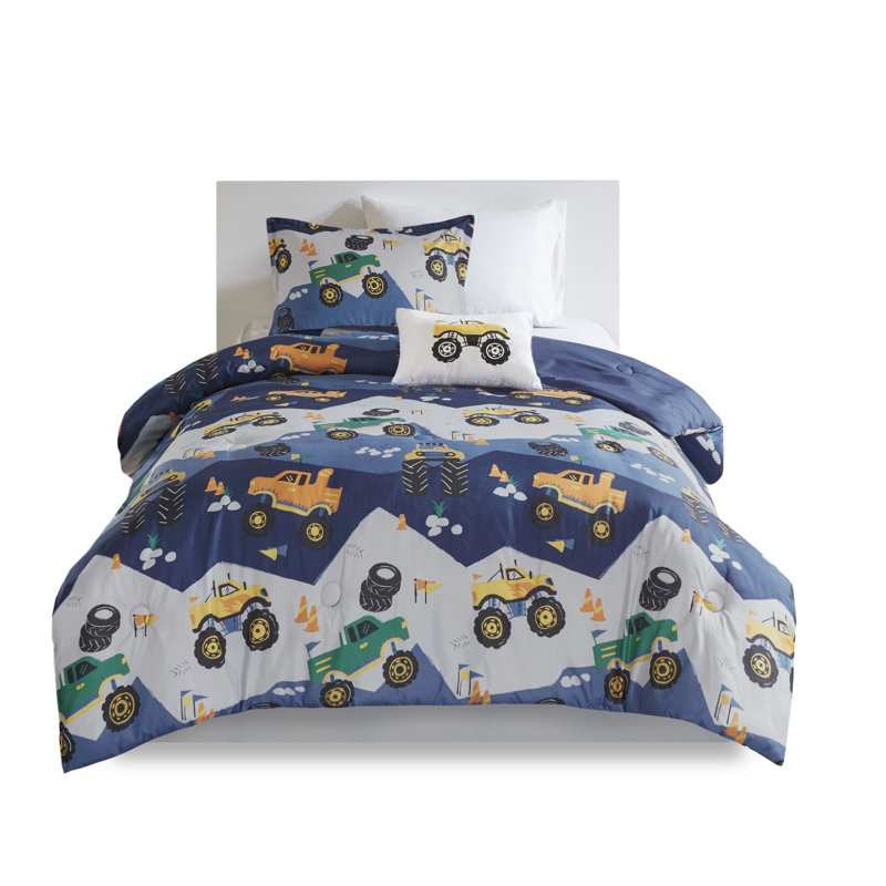Nash Blue Monster Truck Casual 4-Piece Full/Queen Comforter Set, Full/Queen Comforter +2 Shams +1 Decorative Pillow