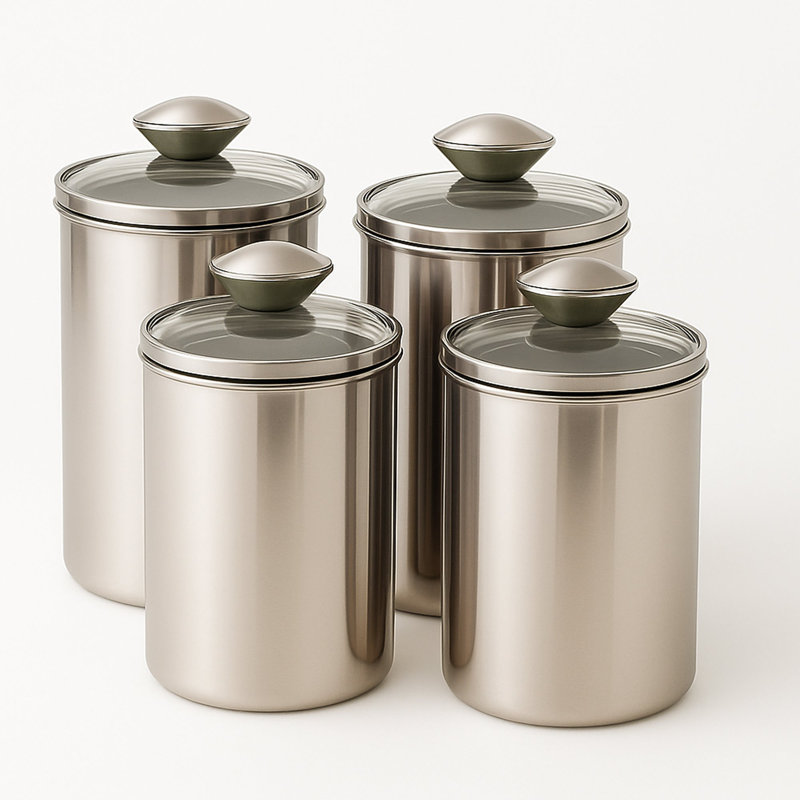 Stainless Steel Food Storage Container with Tempered Glass Lid For Kitchen Counter, Coffee, Tea, Nuts | Shiny Mirror Finish | Set of 4