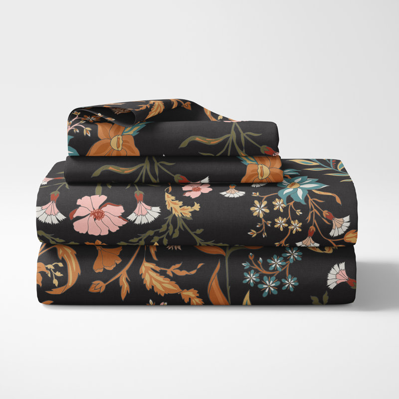 Boho Floral Wildflower Black and Orange Queen Microfiber Sheet Set