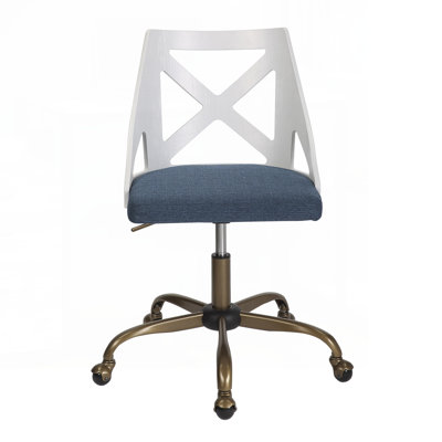 Charlotte Farmhouse Task Chair in Antique Copper Metal,White Textured Wood,and Blue Fabric by LumiSource
