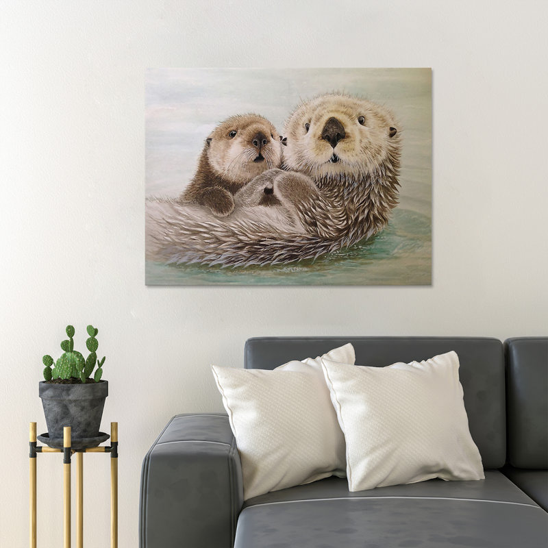 Mother and Baby Sea Otters - peinture sur toile tendue, H 11 po x l 14 po x P 2 po