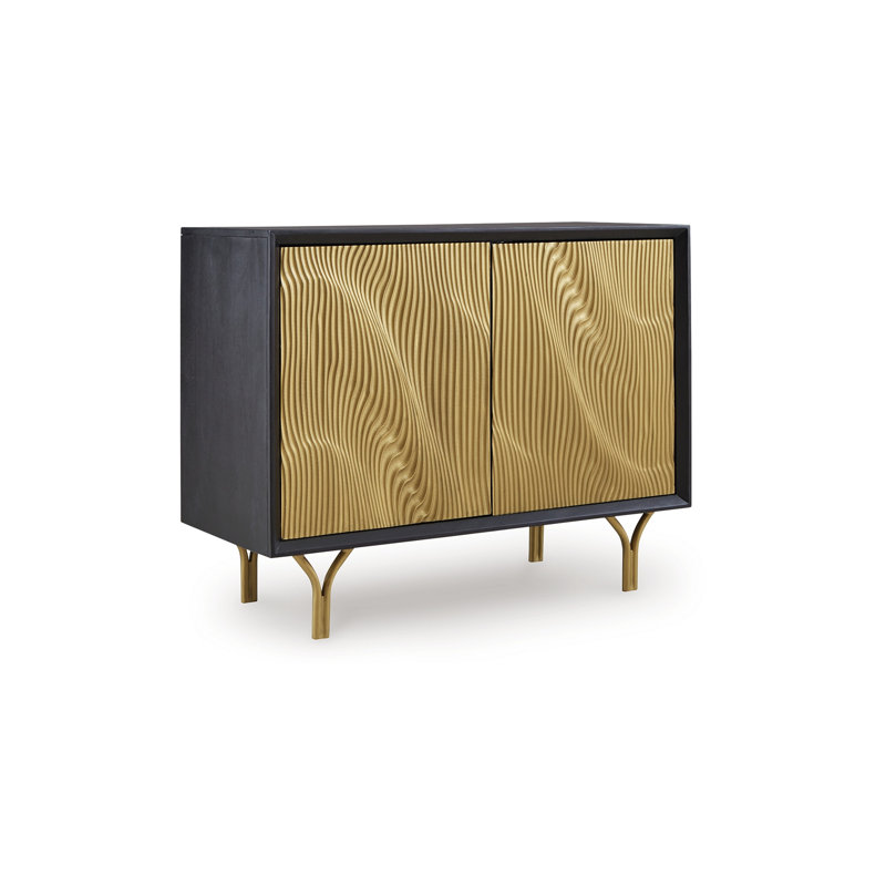 Console Yien, 2 portes sculptées, pieds dorés, bois noir 40 po