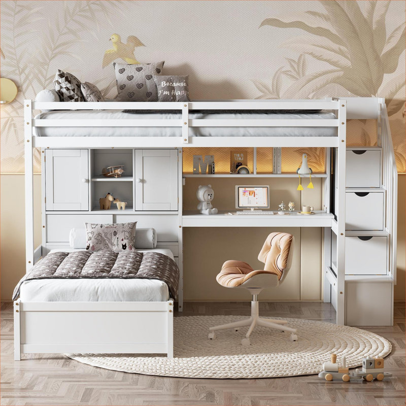 Idéal pour les petites chambres à coucher, lit mezzanine simple au-dessus d'un lit simple en pin massif avec bureau intégré et rangement, blanc éclatant