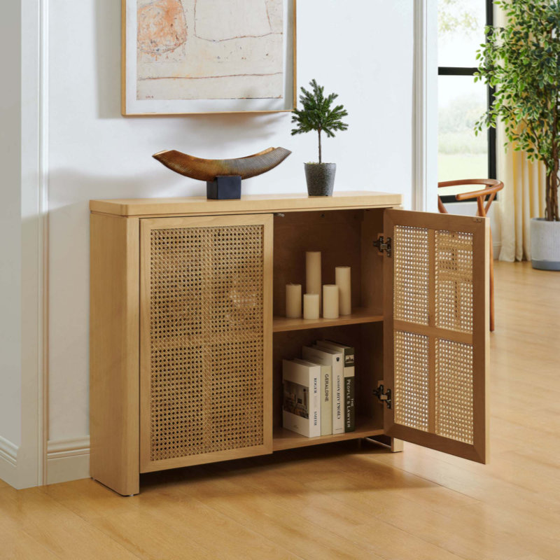 Mid Century Modern 2 - Cane Rattan Door Storage Sideboard, Natural