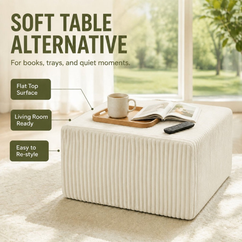 Pouf modulaire cube en velours côtelé à rayures carrées, Blanc / Blanc