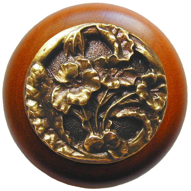 Floral Mushroom Knob, Antique Brass / Cherry Wood