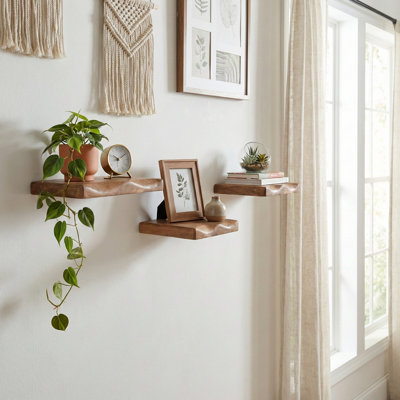 Minimalist Floating Wood Wall Storage Shelves for Entryway Decor - Modern Accent Wall Organizer Shelves for Home Styling - Set of 3, 14",12",10", Brown