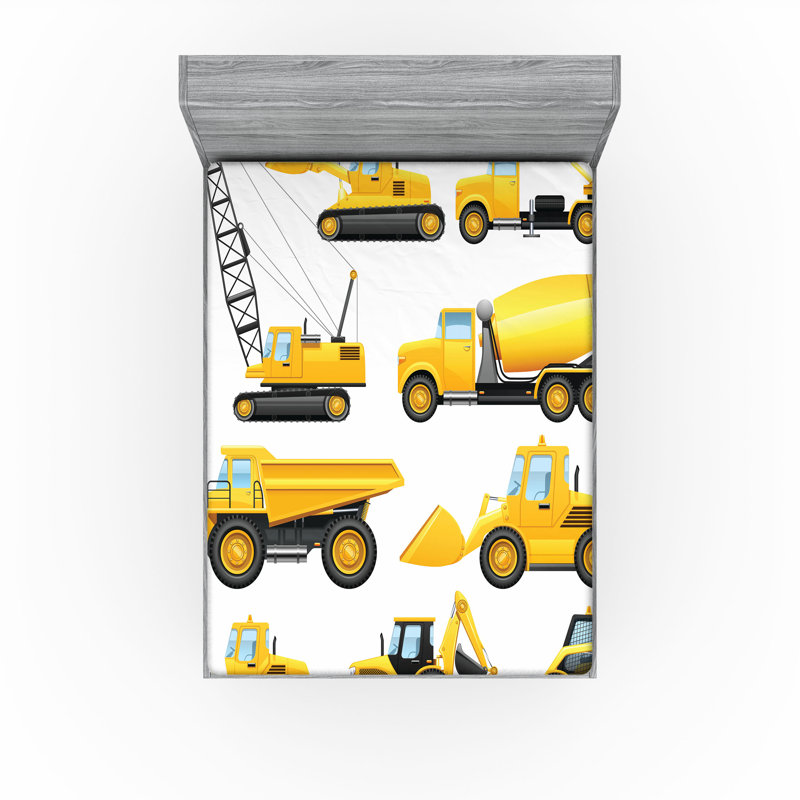 Ambesonne Cartoon Fitted Sheet 2-Pack Construction Vehicles Earth Yellow Black, Full Fitted Sheet