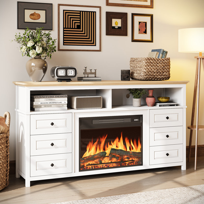 60'' TV Stand for TVs up to 65" with Electric Fireplace Included, 2 Tier and 6 Drawers, TV Console Cabinet, White
