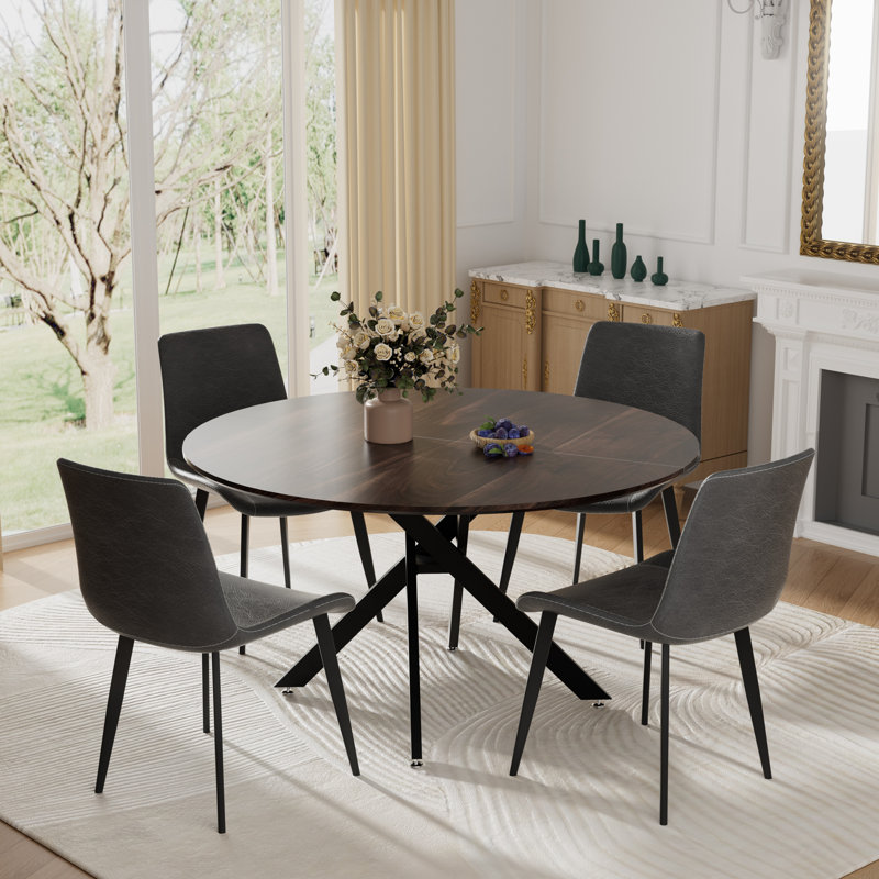 47"Round Modern Kitchen Dining Table Set With Dining Chair, Brown, Gray, 5
