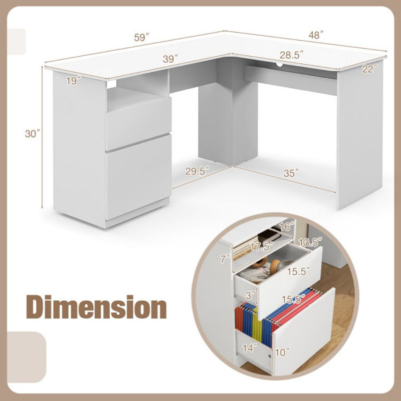 Bureau d'ordinateur en L avec tiroir classeur de lettres, Blanc