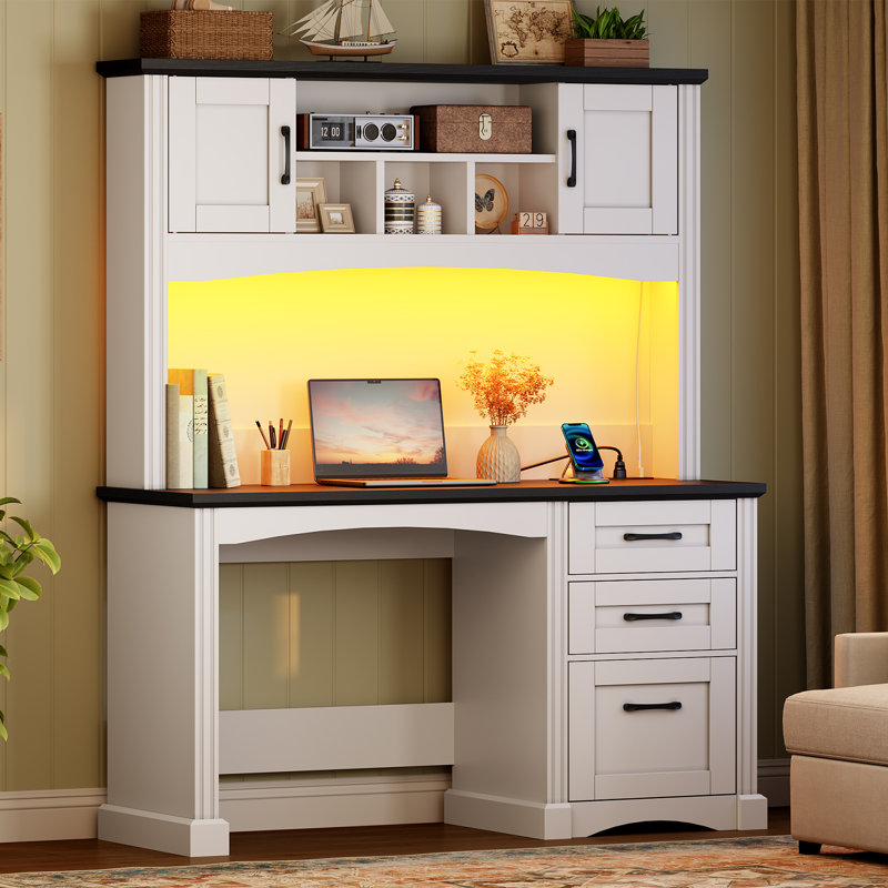 Bureau de direction 47,4 po Farmhouse avec tiroirs, classeur et prises de courant