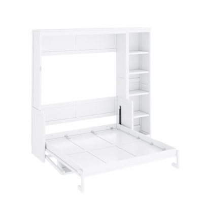 Lit escamotable double avec bureau et bibliothèque, blanc