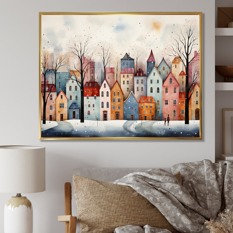 Multicolor Frosty City In Winter III - Art mural paysage d'hiver, Cadre flottant brun, H 12 po x l 20 po x P 1 po