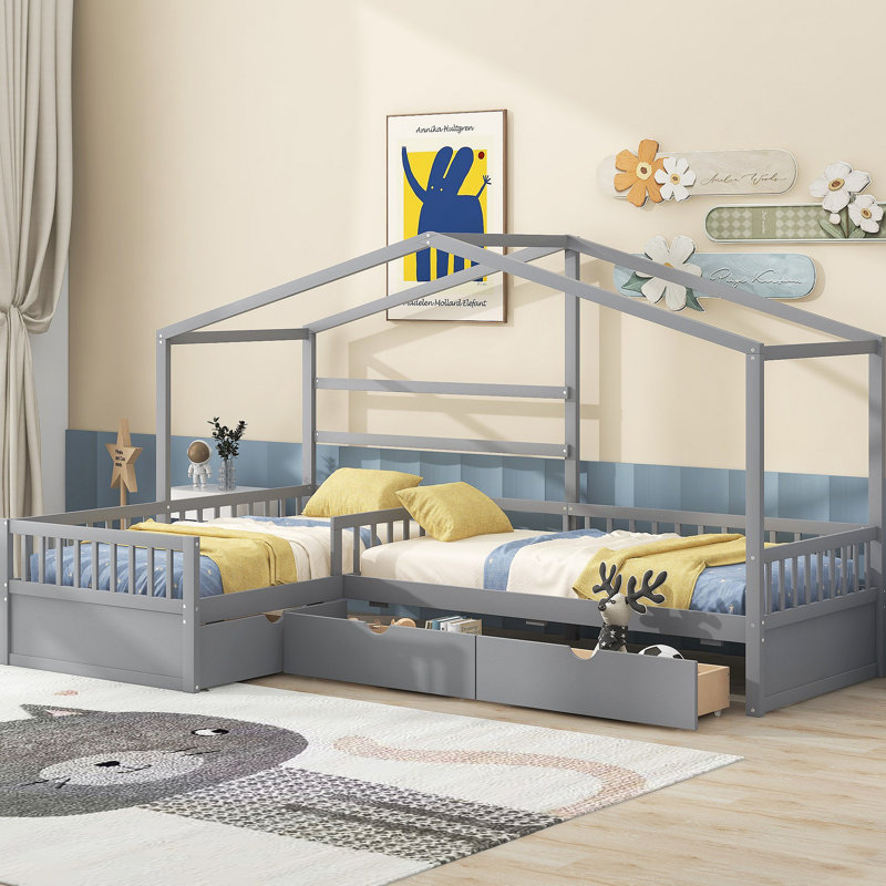Lit plateforme House avec trois tiroirs de rangement, Grey