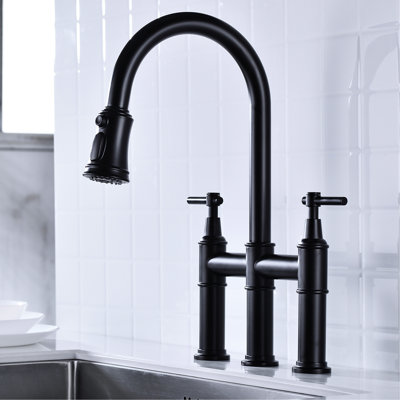 Dual Handle Bridge Kitchen Faucet In Matte Black - Quiet And Splash- Water Flow With Quality Aerator Sink Pull-Down For Intensive Cleaning