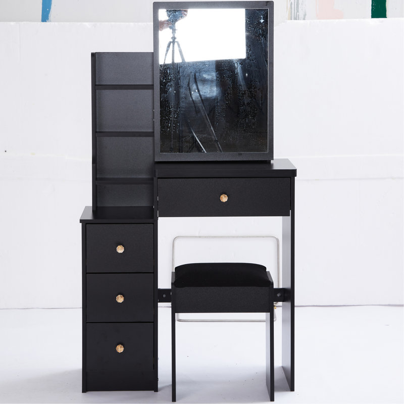 Meuble-lavabo gauche noir avec tabouret rembourré et très grand miroir coulissant, rangement multi-couches pour espaces restreints