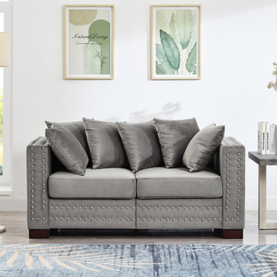 Confortable, 2 places, velours gris, design moderne, accoudoirs carrés, clous argentés, support en bois massif, coussin amovible, rangement sous le siège, pieds, housses de coussin, fonction