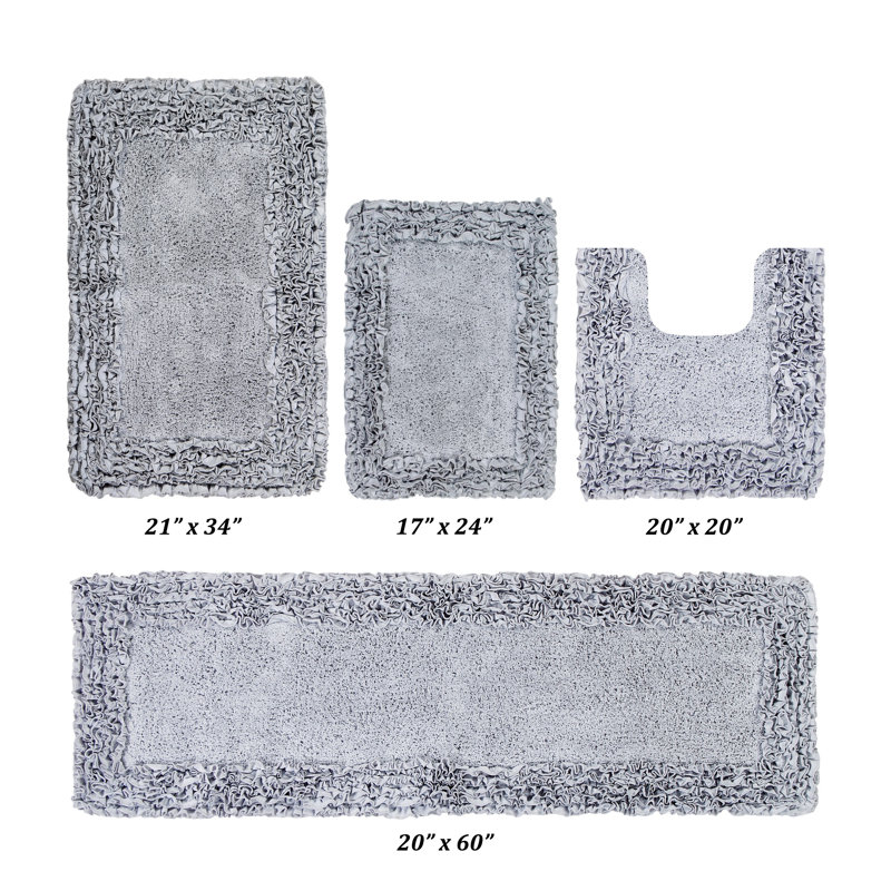 Ensemble de tapis pour salle de bain 100% coton 1775 g / m² 4 pièces Courson, certifié OEKO-TEX®, envers en latex antidérapant, motif de volants touffetés moelleux, super absorbant, tapis de salle de bain lavables à la machine, argent