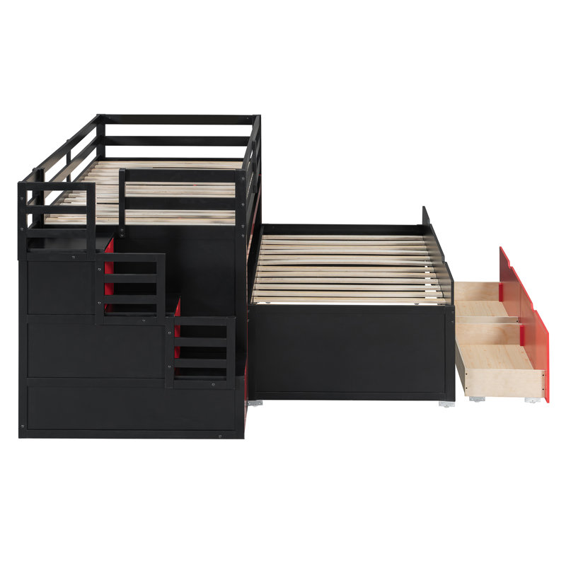 Lit mezzanine simple TG avec bureau coulissant, lit gigogne simple, marches de rangement et tiroirs, lit poste de travail - noir et rouge