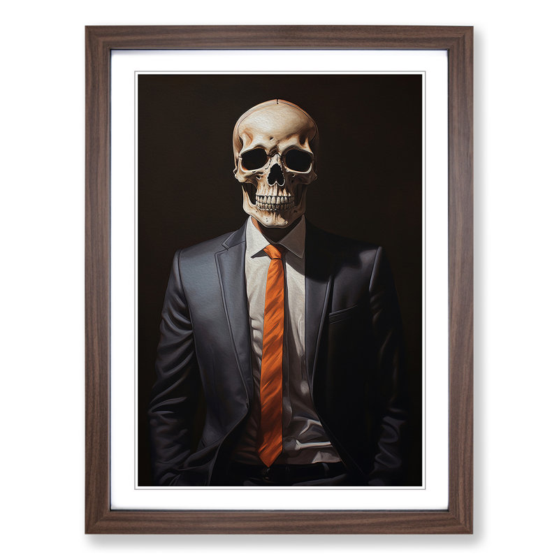Skeleton In A Suit Painting No.2 - Single Picture Frame Print on Wood, Walnut Framed, 46cm H x 34cm W