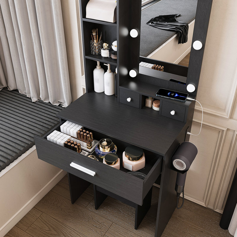 Table de coiffeuse avec miroir à DEL et tabouret, Blanc, Noir
