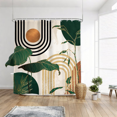 Rideau de douche Boho Mid Century Abstract Retro Palm Leaf Plant Sun Arch Minimalist