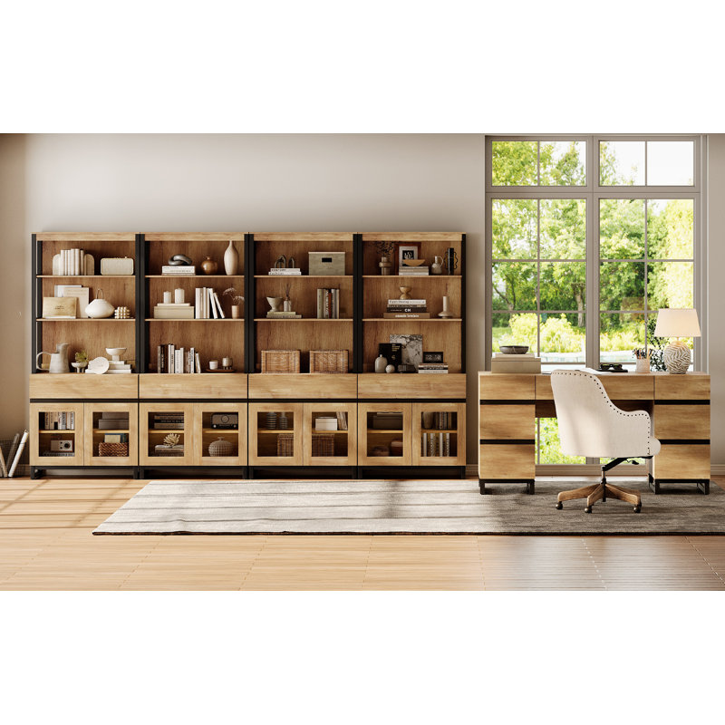  Office Furniture Set: 59In Modern Executive Desk With Charging Station & Drawers And Four 72In Tall Bookcases With Storage Cabinet, Home Office Furniture For Work Study
