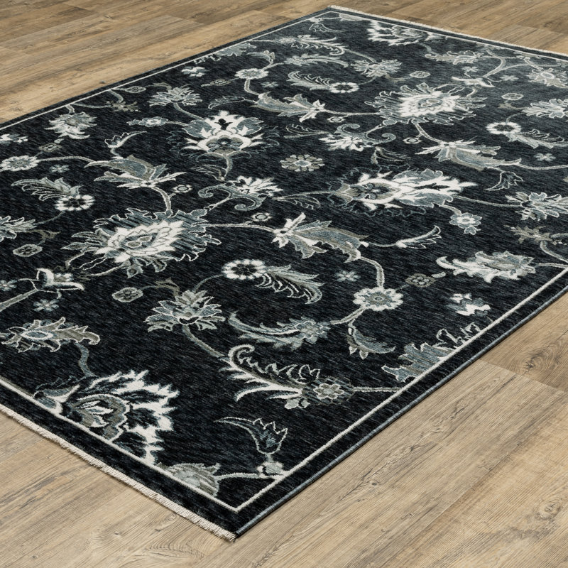 Tapis oriental bleu / ivoire Ehlena, Rectangle 6 pi 7 po x 9 pi 9 po