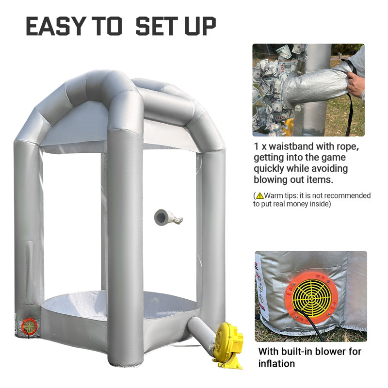 Cabine gonflable avec soufflerie 8,2 x 5,2 x 5,2 pi avec souffleuse - Distributeur automatique de billets pour les événements commerciaux et les activités promotionnelles (argent)