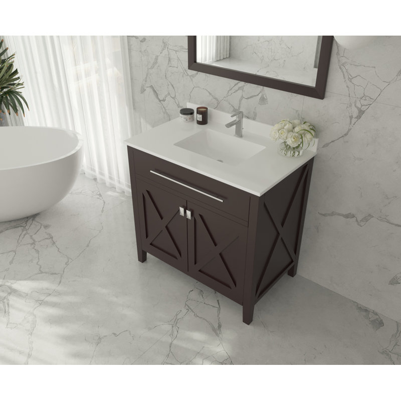 Pyles 36'' Single Bathroom Vanity with Solid Surface Top, Brown, White Quartz