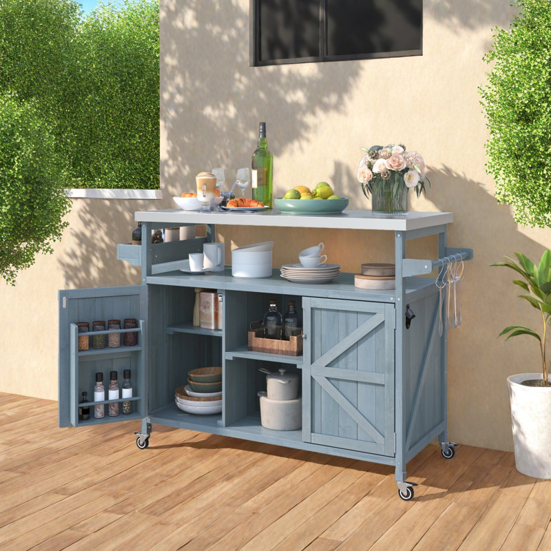 Outdoor Kitchen Island with Rolling Bar Cart and Storage Cabinet, Gray Blue