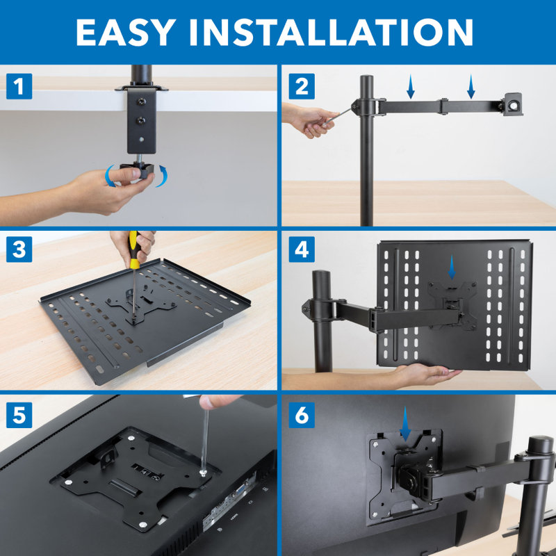 Adjustable Black Dual Laptop and Monitor Desk Mount with Ventilated Tray