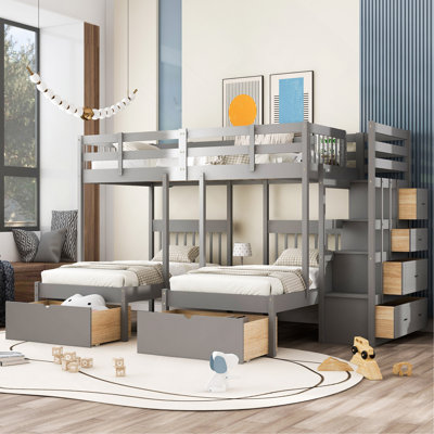 Full Over Twin & Twin Bunk Bed, Wood Triple Bunk Bed With Drawers And Guardrails