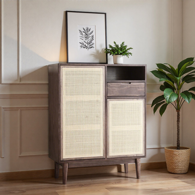 Rattan Multi-Functional Shoe Storage Cabinet, 43.31" H x 34.65" W x 14.17" D, Brown