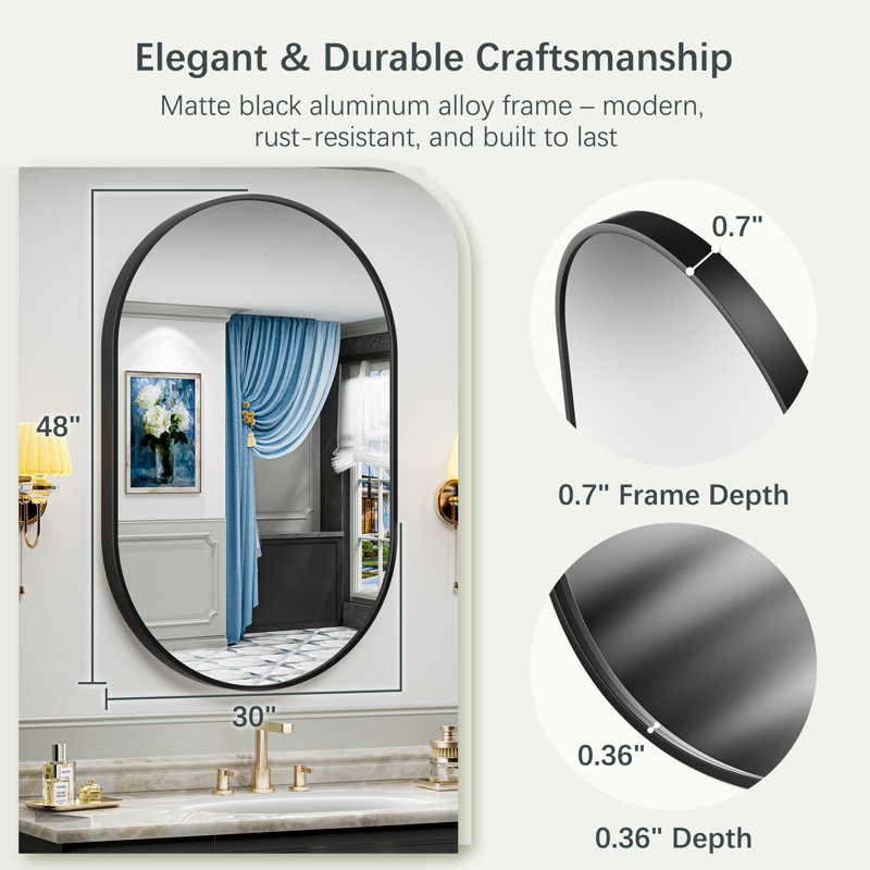 Matte Black Oval Vanity Mirror with Aluminum Alloy Frame, HD Tempered Glass, French Cleat Mounted Wall Decor Bathroom Vanity Mirror